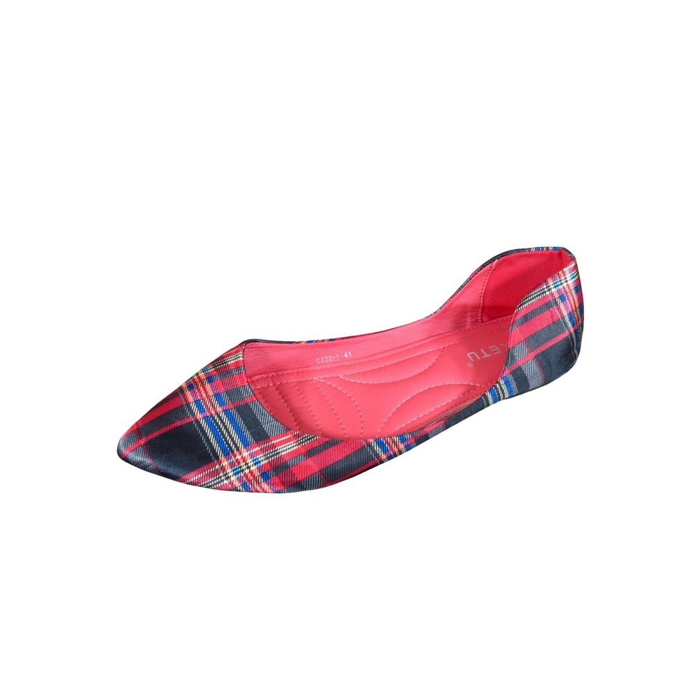 Siketu C222-1 Women Pointed Toe Flat Size 41 Holiday Dress Shoe Red Black Plaid